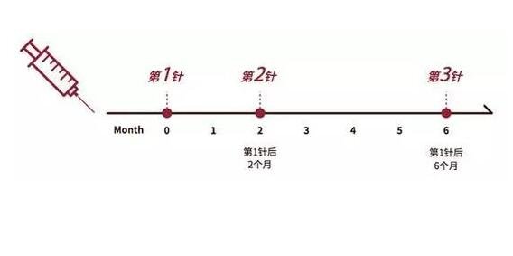 九价疫苗三针间隔时间，三针分别间隔2月和4月(6个月之内完成)